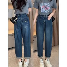 批发复古哈伦牛仔裤<b class='q'>女</b>春夏新款高腰大码胖MM宽松显瘦直筒老爹萝卜裤子
