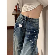批发2025复古蓝休闲<b class='q'>裤</b>女好质感水洗蓝高腰<b class='q'>显瘦</b>窄版直筒阔腿牛仔<b class='q'>裤</b>