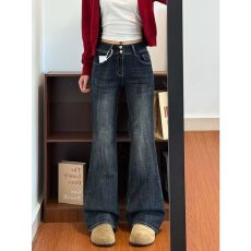 批发2025复古蓝休闲<b class='q'>裤</b>女好质感水洗蓝高腰<b class='q'>显瘦</b>窄版直筒阔腿牛仔<b class='q'>裤</b>