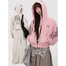 批发aespa金玟庭周边机场街拍ins同款卫衣服印花拉链加绒加厚薄连帽衫