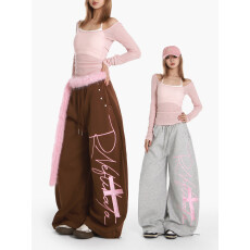 批发POE复古爵士字母刺绣印花阔腿裤女宽松慵懒卫裤Kpop显瘦休闲裤