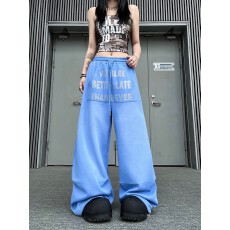 批发YZ98美式复古字母烫钻抽绳束脚卫裤男女宽松休闲百搭阔腿直筒长裤