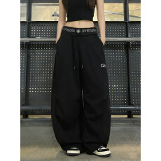 批发美式双腰头卫裤运动裤女褶皱设计弯刀裤宽松阔腿jazz爵士舞拖地裤