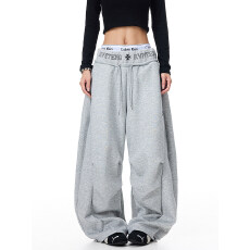 批发美式双腰头卫裤运动裤女褶皱设计弯刀裤宽松阔腿jazz爵士舞拖地裤