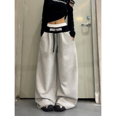 批发bleD美式假两件拼接双腰头字母弯刀卫裤女垂感宽松休闲阔腿裤