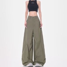 批发美式军绿色弯刀<b class='q'>阔腿裤</b>女新款高腰宽松直筒百搭垂感拖地工装长<b class='q'>裤</b>子