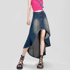 批发美式街头辣妹A字<b class='q'>牛仔裙</b>女高腰水洗做旧设计感不规则半身长裙