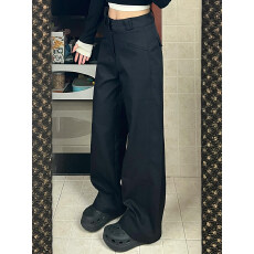 批发原版 大码复古黑色宽松阔腿休闲裤女夏季新款小众高腰显瘦直筒