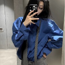 批发女衬衫长袖基础克莱因蓝<b class='q'>衬衫女</b>2025秋季休闲宽松衬衣外套通勤