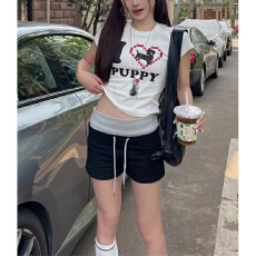 批发美式休闲运动短裤女夏季撞色拼接裤腰热裤修身<b class='q'>显瘦</b>辣妹包臀三分裤