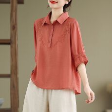 批发棉麻<b class='q'>大码</b>衬衣上衣翻领小衫妈妈刺绣上衣洋气中老年衬衫显瘦