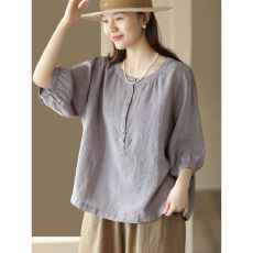 批发棉麻<b class='q'>大码</b>衬衣上衣翻领小衫妈妈刺绣上衣洋气中老年衬衫显瘦