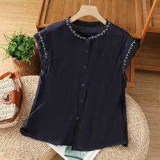 批发棉麻<b class='q'>大码</b>衬衣上衣翻领小衫妈妈刺绣上衣洋气中老年衬衫显瘦