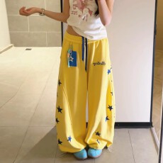 批发美式复古黄色星星印花大口袋阔腿卫裤女2026夏新款休闲直筒弯刀裤