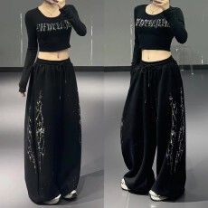 批发美式辣妹风黑色烫钻阔腿裤女春夏宽松拖地长裤爵士卫裤运动休闲裤