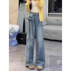 批发渐变色满天星烫钻阔腿牛仔裤女2025夏季新款宽松显瘦小个子直筒裤