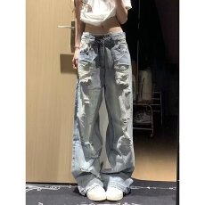 批发美式复古流苏破洞牛仔裤宽松直筒水洗做旧高街街头阔腿长裤