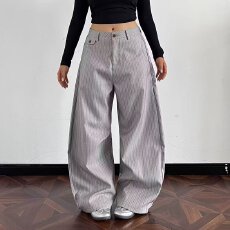 批发美式老钱风条纹西裤男女春<b class='q'>秋</b>复古垂感休闲弯刀裤宽松通勤西装长裤