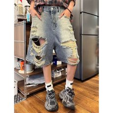 批发纯欲复古辣妹风水洗牛仔短裤女夏季新款直筒宽松破洞五分裤