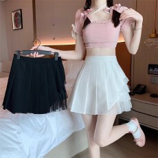 批发夏季新款设计感网纱拼接百褶半身裙女韩系小众高腰a字短裙