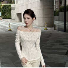 批发粉红PINK丨“高知御姐”ins风气质<b class='q'>一字领</b>修身蕾丝上衣FH25D4T3571