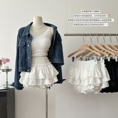 批发夏季新品木耳边短裙女松紧腰蓬蓬蛋糕<b class='q'>半身裙</b>子女荷叶边短裙裙裤