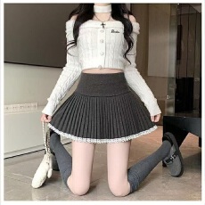 批发灰色毛呢百褶半身裙女秋<b class='q'>冬</b>季新款高腰显瘦减龄法式a字花边短裙子