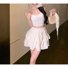 批发韩系夏季穿搭甜美蕾丝吊带背心性感荷叶边半身裙度假风两件套女装