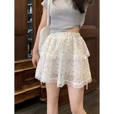杏色甜美蕾丝短裙女2026夏季新款高腰小个子a字蓬蓬蛋糕裙波点裙
