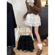 批发宅女家芭蕾风蕾丝花边高腰半身裙女<b class='q'>秋</b>季宽松显瘦减龄蛋糕裙短裙