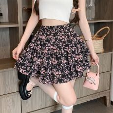 批发法式甜美小碎花短裙女夏季胖MM大码松紧高腰宽松雪纺A字半身裙子