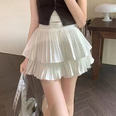 批发新款甜美蓬蓬裙学院风半身裙双层蛋糕<b class='q'>百褶</b>裙松紧腰防走光安全裤裙