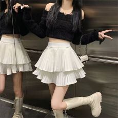 批发蛋糕半身裙女白色高腰a字<b class='q'>短裙</b>春秋新款辣妹裙裤小个子<b class='q'>百褶</b>裙子夏