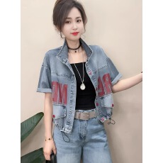批发现货 小个子立领字母印花<b class='q'>牛仔</b>短袖外套