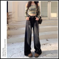 批发美式复古黑灰色阔腿牛仔裤女春夏新款高腰宽松遮胯垂感直筒拖地裤