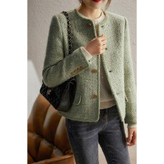 批发短款小香风绿色粗花呢外套女早秋款法式轻奢高级感小众显瘦加厚