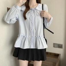 批发法式娃娃领系带荷叶边长袖衬衫女春装新款洋气减龄上衣