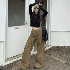 批发卡其色牛仔阔腿裤女2025秋季新款设计感<b class='q'>显瘦</b>工装口袋拖地裤