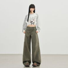 批发6603款棕咖色美式复古水洗做旧牛仔裤男女宽松直筒阔腿裤