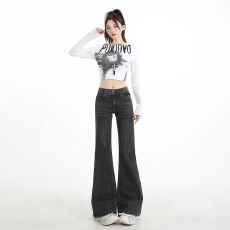 批发<b class='q'>秋</b>冬季新款 竹节纹灰色微弹低腰微宽松喇叭牛仔裤女