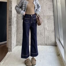 批发辣妹微喇明显九分<b class='q'>牛仔裤</b> 韩系复古修身微<b class='q'>弹力</b>长裤女