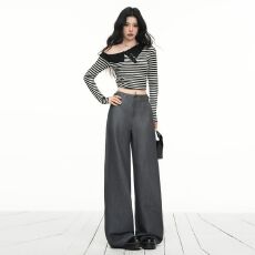 批发【显瘦纸片人】灰色直筒西装裤女简约通勤穿搭垂感拖地阔腿裤