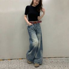 批发水洗折痕时髦复古阔腿<b class='q'>牛仔裤</b>女2026年春季新款高腰宽松显瘦拖地裤