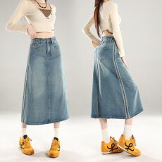 批发开叉牛仔半身裙春<b class='q'>夏</b>新款包臀包边中长裙女复古怀旧蓝高腰A版垂顺