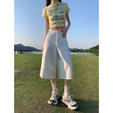 批发美式高街复古水洗高腰宽松阔腿七分裤潮酷百搭<b class='q'>牛仔裤</b>子女