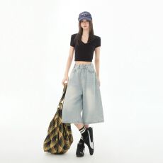 批发美式高街复古水洗高腰宽松阔腿七分裤潮酷百搭<b class='q'>牛仔裤</b>子女