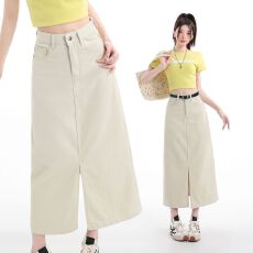 批发实拍夏季简约休闲半身裙 中长款高腰显瘦2026新款浅杏色a字弹力裙