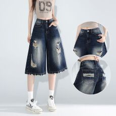批发破洞六分阔腿<b class='q'>牛仔</b><b class='q'>短裤</b>女夏季新款美式复古高腰显瘦宽松直筒中裤