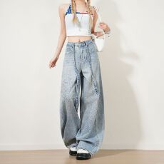 批发重工满天星<b class='q'>烫钻</b>｜甜酷辣妹｜超绝爆闪阔腿显瘦腰带设计阔腿牛仔