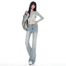 批发浅蓝色水洗高腰弹力牛仔<b class='q'>裤</b>女2026早秋新款简约显瘦修身<b class='q'>提</b><b class='q'>臀</b>喇叭<b class='q'>裤</b>